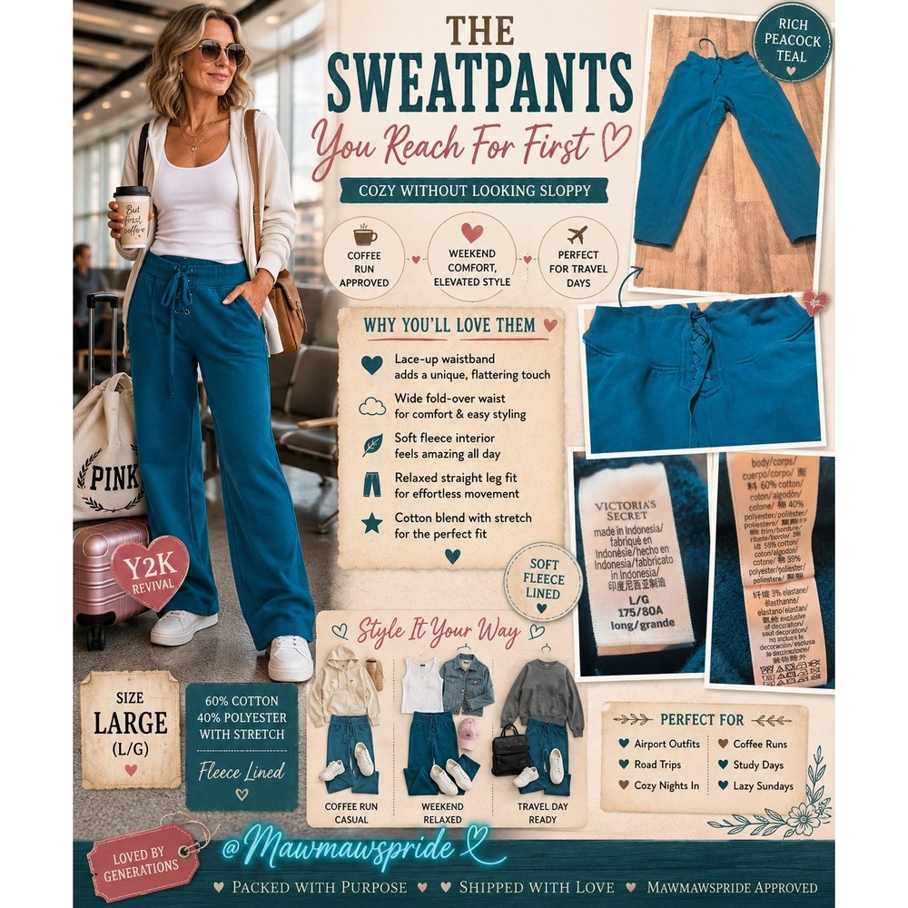 Victoria's Secret PINK Lace Up Waistband Sweatpants Teal Blue Fleece Large